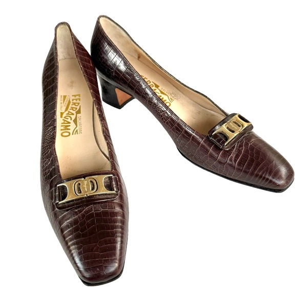 Salvatore Ferragamo Brown Alligator Leather Metallic Accents Pumps Women’s 10.5 - Picture 1 of 16